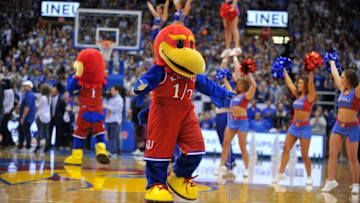 LAWRENCE, KS - FEBRUARY 26: Baby Jay the Kansas Jayhawks' mascot entertains prior to a game against the Texas Longhorns at Allen Fieldhouse on February 26, 2018 in Lawrence, Kansas. (Photo by Ed Zurga/Getty Images)
