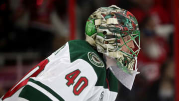 RALEIGH, NC - MARCH 23: Devan Dubnyk #40 of the Minnesota Wild crouches in the crease during an NHL game against the Carolina Hurricanes on March 23, 2019 at PNC Arena in Raleigh, North Carolina. (Photo by Gregg Forwerck/NHLI via Getty Images)