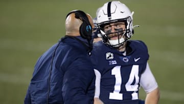 Penn State Nittany Lions quarterback Sean Clifford (14) talks with head coach James Franklin (Matthew OHaren-USA TODAY Sports)