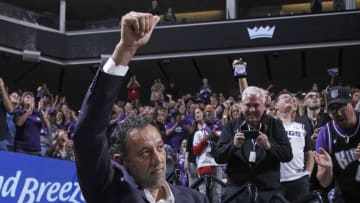 SACRAMENTO, CA - OCTOBER 25: General Manager Vlade Divac of the Sacramento Kings is recognized during the game against the Portland Trail Blazers on October 25, 2019 at Golden 1 Center in Sacramento, California. NOTE TO USER: User expressly acknowledges and agrees that, by downloading and or using this photograph, User is consenting to the terms and conditions of the Getty Images Agreement. Mandatory Copyright Notice: Copyright 2019 NBAE (Photo by Rocky Widner/NBAE via Getty Images)