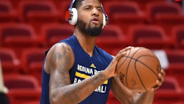 Dec 14, 2016; Miami, FL, USA; Indiana Pacers forward Paul George (13) warms up prior to the game against the Miami Heat at American Airlines Arena. Mandatory Credit: Jasen Vinlove-USA TODAY Sports