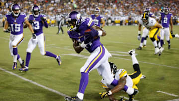 CANTON, OH - AUGUST 9: Stefon Diggs #14 of the Minnesota Vikings returns a punt 62 yards to set up a touchdown against the Pittsburgh Steelers in the third quarter of the NFL Hall of Fame Game at Tom Benson Hall of Fame Stadium on August 9, 2015 in Canton, Ohio. (Photo by Joe Robbins/Getty Images)