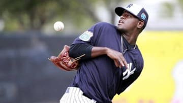 Feb 23, 2016; Tampa, FL, USA; New York Yankees starting pitcher Luis Severino (40) works out at George M. Steinbrenner Field. Mandatory Credit: Kim Klement-USA TODAY Sports