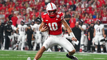 LINCOLN, NEBRASKA - SEPTEMBER 16: Quarterback Heinrich Haarberg #10 of the Nebraska Cornhuskers runs against the Northern Illinois Huskies in the third quarter at Memorial Stadium on September 16, 2023 in Lincoln, Nebraska. (Photo by Steven Branscombe/Getty Images)