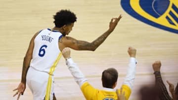 OAKLAND, CA - MAY 20: Nick Young #6 of the Golden State Warriors reacts after a three-point basket against the Houston Rockets during Game Three of the Western Conference Finals of the 2018 NBA Playoffs at ORACLE Arena on May 20, 2018 in Oakland, California. NOTE TO USER: User expressly acknowledges and agrees that, by downloading and or using this photograph, User is consenting to the terms and conditions of the Getty Images License Agreement. (Photo by Thearon W. Henderson/Getty Images)