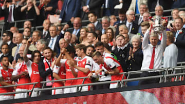 LONDON, ENGLAND - MAY 27: Arsene Wenger, Manager of Arsenal lifts The FA Cup after The Emirates FA Cup Final between Arsenal and Chelsea at Wembley Stadium on May 27, 2017 in London, England. (Photo by Mike Hewitt/Getty Images)