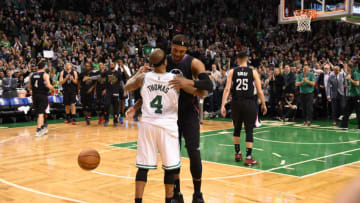 BOSTON, MA - FEBRUARY 5: Paul Pierce #34 of the LA Clippers and Isaiah Thomas #4 of the Boston Celtics are seen after the game on February 5, 2017 at the TD Garden in Boston, Massachusetts. NOTE TO USER: User expressly acknowledges and agrees that, by downloading and or using this photograph, User is consenting to the terms and conditions of the Getty Images License Agreement. Mandatory Copyright Notice: Copyright 2017 NBAE (Photo by Brian Babineau/NBAE via Getty Images)