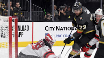 LAS VEGAS, NEVADA - MARCH 03: Mackenzie Blackwood #29 of the New Jersey Devils makes a save against Brandon Pirri #73 of the Vegas Golden Knights in the second period of their game at T-Mobile Arena on March 3, 2020 in Las Vegas, Nevada. (Photo by Ethan Miller/Getty Images)