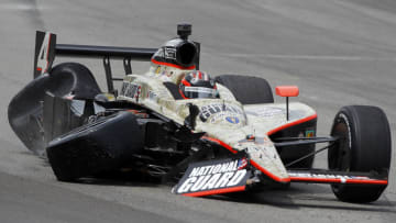 INDIANAPOLIS - MAY 29: J.R. Hildebrand driver of the #4 National Guard Panther Racing finishes second after crashing during the IZOD IndyCar Series Indianapolis 500 Mile Race at Indianapolis Motor Speedway on May 29, 2011 in Indianapolis, Indiana. (Photo by Todd Warshaw/Getty Images)