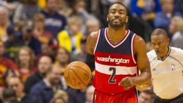 Jan 15, 2016; Indianapolis, IN, USA; Washington Wizards guard John Wall (2) dribbles the ball in the second half of the game against the Indiana Pacers at Bankers Life Fieldhouse. The Washington Wizards beat the Indiana Pacers 118-104. Mandatory Credit: Trevor Ruszkowski-USA TODAY Sports