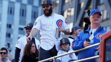 Nov 4, 2016; Chicago, IL, USA; Chicago Cubs starting pitcher Jake Arrieta during the World Series victory parade on Michigan Avenue. Mandatory Credit: Jerry Lai-USA TODAY Sports