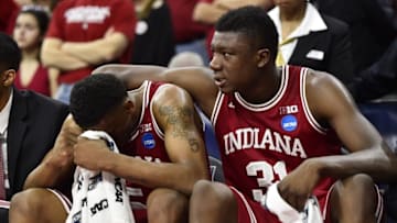Mar 25, 2016; Philadelphia, PA, USA; Indiana Hoosiers center Thomas Bryant (31) and forward Troy Williams (left) react after a semifinal game in the East regional of the NCAA Tournament at Wells Fargo Center. Mandatory Credit: Bob Donnan-USA TODAY Sports