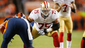 Oct 19, 2014; Denver, CO, USA; San Francisco 49ers guard Alex Boone (75) during the game against the Denver Broncos at Sports Authority Field at Mile High. Mandatory Credit: Chris Humphreys-USA TODAY Sports