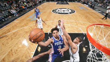 BROOKLYN, NY - OCTOBER 18: Jahlil Okafor #8 of the Philadelphia 76ers shoots the ball against the Brooklyn Nets during a preseason game on October 18, 2015 at Barclays Center in Brooklyn, New York. NOTE TO USER: User expressly acknowledges and agrees that, by downloading and or using this Photograph, user is consenting to the terms and conditions of the Getty Images License Agreement. Mandatory Copyright Notice: Copyright 2015 NBAE (Photo by Nathaniel S. Butler/NBAE via Getty Images)