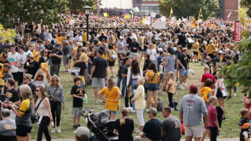 Sep 17, 2022; Boone, North Carolina, USA; Fans showed up to cheer as ESPNÕs College GameDay Live broadcasts from the Sanford Mall on the campus of Appalachian State University before the game against the Troy Trojans at Kidd Brewer Stadium. Mandatory Credit: Reinhold Matay-USA TODAY Sports