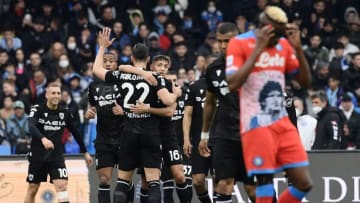 Udinese's Argentine defender Nahuel Molina (Rear C) celebrates with Udinese's Spanish defender Pablo Mari after Udinese opened the scoring during the Italian Serie A football match between Napoli and Udinese on March 19, 2022 at the Diego-Maradona stadium in Naples. (Photo by Filippo MONTEFORTE / AFP) (Photo by FILIPPO MONTEFORTE/AFP via Getty Images)