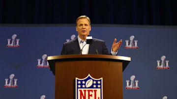 HOUSTON, TX - FEBRUARY 01: NFL Commissioner Roger Goodell speaks with the media during a press conference for Super Bowl 51 at the George R. Brown Convention Center on February 1, 2017 in Houston, Texas. (Photo by Tim Bradbury/Getty Images)