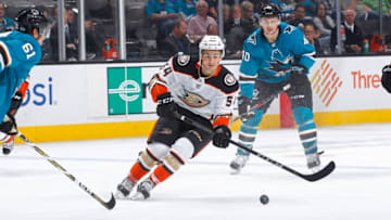SAN JOSE, CA - SEPTEMBER 19: Antoine Morand #54 of the Anaheim Ducks skates after the puck against the San Jose Sharks at SAP Center on September 19, 2017 in San Jose, California. (Photo by Rocky W. Widner/NHL/Getty Images)
