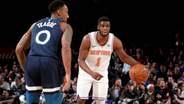NEW YORK, NY - MARCH 23: Emmanuel Mudiay #1 of the New York Knicks handles the ball against the Minnesota Timberwolves on March 23, 2018 at Madison Square Garden in New York City, New York. NOTE TO USER: User expressly acknowledges and agrees that, by downloading and or using this photograph, User is consenting to the terms and conditions of the Getty Images License Agreement. Mandatory Copyright Notice: Copyright 2018 NBAE (Photo by Nathaniel S. Butler/NBAE via Getty Images)