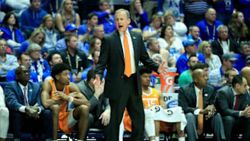 NASHVILLE, TENNESSEE - MARCH 16: Rick Barnes the head coach of the Tennessee Volunteers gives instructions to his team during the 82-78 win over the Kentucky Wildcats during the semifinals of the SEC Basketball Tournament at Bridgestone Arena on March 16, 2019 in Nashville, Tennessee. (Photo by Andy Lyons/Getty Images)
