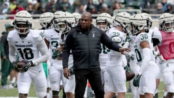 Michigan State coach Mel Tucker watches his team go through drills during the spring practice on Saturday, April 16, 2022, at Spartan Stadium.Msu