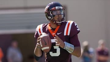 Sep 7, 2013; Blacksburg, VA, USA; Virginia Tech Hokies quarterback Logan Thomas (3) looks to pass the ball during the third quarter against the Western Carolina Catamounts at Lane Stadium. Virginia Tech defeated Western Carolina 45-3. Mandatory Credit: Jeremy Brevard-USA TODAY Sports