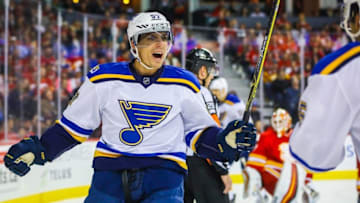 Oct 22, 2016; Calgary, Alberta, CAN; St. Louis Blues left wing David Perron (57) celebrates his goal against Calgary Flames during the first period at Scotiabank Saddledome. Mandatory Credit: Sergei Belski-USA TODAY Sports