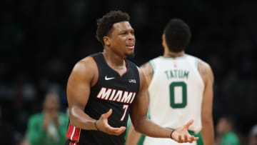 Miami Heat guard Kyle Lowry (7) reacts to a play in the first half against the Boston Celtics(Paul Rutherford-USA TODAY Sports)