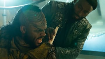 Abbas Wahab as Ror’Queg and Babs Olusanmokun as M'Benga appearing in episode 201 “The Broken Circle” of Star Trek: Strange New Worlds, streaming on Paramount+, 2023. Photo Cr: Michael Gibson/Paramount+