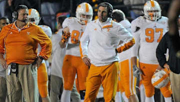 NASHVILLE, TN - NOVEMBER 17: Head coach Derek Dooley of the University of Tennessee reacts to a call during a 41-18 loss against the Vanderbilt Commodores at Vanderbilt Stadium on November 17, 2012 in Nashville, Tennessee. (Photo by Frederick Breedon/Getty Images)