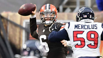 CLEVELAND, OH - NOVEMBER 15: Quarterback Baker Mayfield #6 of the Cleveland Browns passes against the Houston Texans at FirstEnergy Stadium on November 15, 2020 in Cleveland, Ohio. (Photo by Jamie Sabau/Getty Images)