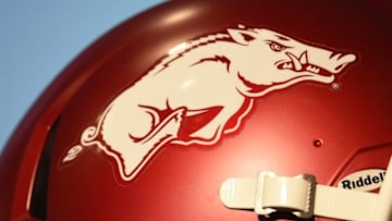 Jul 15, 2015; Birmingham, AL, USA; General view of an Arkansas Razorbacks helmet during SEC media days at the Wynfrey Hotel. Mandatory Credit: Shanna Lockwood-USA TODAY Sports