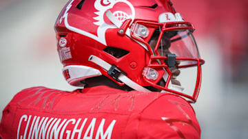 LOUISVILLE, KY - SEPTEMBER 24: Malik Cunningham #3 of the Louisville Cardinals warms up before the game against the South Florida Bulls at Cardinal Stadium on September 24, 2022 in Louisville, Kentucky. (Photo by Michael Hickey/Getty Images)
