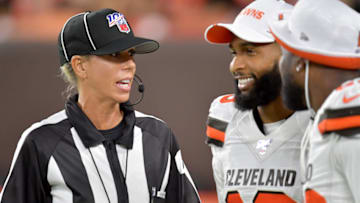 CLEVELAND, OHIO - AUGUST 08: Downs judge Sarah Thomas talks with wide receiver Odell Beckham #13 and wide receiver Jarvis Landry #80 of the Cleveland Browns during the second half of a preseason game at FirstEnergy Stadium on August 08, 2019 in Cleveland, Ohio. The Browns defeated the Redskins 30-10. (Photo by Jason Miller/Getty Images)