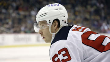 New Jersey Devils left wing Jesper Bratt (63) looks on against the Pittsburgh Penguins during the first period at PPG Paints Arena. Mandatory Credit: Charles LeClaire-USA TODAY Sports