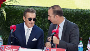 ANAHEIM, CA - OCTOBER 22: Los Angeles Angels of Anaheim owner Arte Moreno and GM Billy Eppler talk after Brad Ausmus became the newest Angels manager and 17th different manager in club history during a press conference held on October 22, 2018 at Angel Stadium of Anaheim in Anaheim, CA. (Photo by John Cordes/Icon Sportswire via Getty Images)