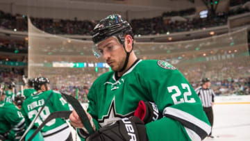 Feb 27, 2016; Dallas, TX, USA; Dallas Stars center Colton Sceviour (22) waits for play to begin against the New York Rangers at the American Airlines Center. The Rangers defeat the Stars 3-2. Mandatory Credit: Jerome Miron-USA TODAY Sports