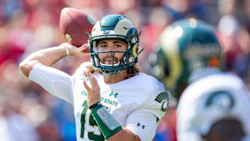 FAYETTEVILLE, AR - SEPTEMBER 14: Collin Hill #15 of the Colorado State Rams throws a pass during a game against the Arkansas Razorbacks at Razorback Stadium on September 14, 2019 in Fayetteville, Arkansas. The Razorbacks defeated the Rams 55-34. (Photo by Wesley Hitt/Getty Images)
