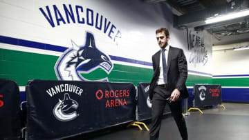 VANCOUVER, BC - MARCH 29: Brandon Sutter #20 of the Vancouver Canucks arrives at the arena before their NHL game against the Edmonton Oilers at Rogers Arena March 29, 2018 in Vancouver, British Columbia, Canada. (Photo by Jeff Vinnick/NHLI via Getty Images)"n