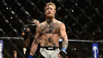 Jul 11, 2015; Las Vegas, NV, USA; Conor McGregor is announced to fight Chad Mendes (not pictured) for the interim featherweight title bout during UFC 189 at MGM Grand Garden Arena. McGregor won via second round TKO. Mandatory Credit: Joe Camporeale-USA TODAY Sports
