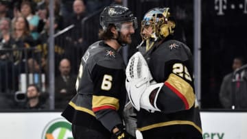 LAS VEGAS, NV - APRIL 28: Colin Miller #6 and Marc-Andre Fleury #29 of the Vegas Golden Knights interact between plays against the San Jose Sharks in Game Two of the Western Conference Second Round during the 2018 NHL Stanley Cup Playoffs at T-Mobile Arena on April 28, 2018 in Las Vegas, Nevada. (Photo by Jeff Bottari/NHLI via Getty Images)