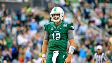 Oct 3, 2015; New Orleans, LA, USA; Tulane Green Wave quarterback Tanner Lee (12) celebrates after a touchdown pass against the UCF Knights during the second quarter of a game at Yulman Stadium. Mandatory Credit: Derick E. Hingle-USA TODAY Sports