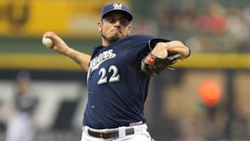 Aug 17, 2015; Milwaukee, WI, USA; Milwaukee Brewers pitcher Matt Garza (22) throws a pitch during the first inning against the Miami Marlins at Miller Park. Mandatory Credit: Jeff Hanisch-USA TODAY Sports