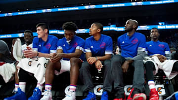 Oct 28, 2015; Auburn Hills, MI, USA; Detroit Pistons guard Reggie Jackson (1), forward Ersan Ilyasova (23), forward Stanley Johnson (3), guard Spencer Dinwiddie (8), center Joel Anthony (50) and guard Kentavious Caldwell-Pope (5) sit on the bench during the game against the Utah Jazz at The Palace of Auburn Hills. Mandatory Credit: Tim Fuller-USA TODAY Sports