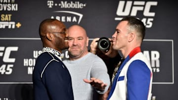 LAS VEGAS, NEVADA - DECEMBER 12: (L-R) Kamaru Usman of Nigeria and Colby Covington face off during the UFC 245 Ultimate Media Day at the Red Rock Casino Resort on December 12, 2019 in Las Vegas, Nevada. (Photo by Chris Unger/Zuffa LLC via Getty Images)