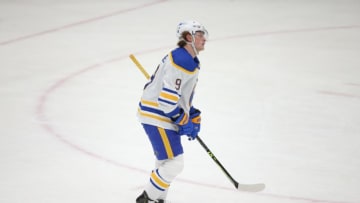 Mar 7, 2021; Uniondale, New York, USA; Buffalo Sabres center Jack Eichel (9) reacts after a goal by the New York Islanders during the second period at Nassau Veterans Memorial Coliseum. Mandatory Credit: Brad Penner-USA TODAY Sports