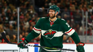 ST. PAUL, MN - OCTOBER 06: Minnesota Wild right wing Eric Fehr (21) smiles during the regular season game between the Vegas Golden Knights and the Minnesota Wild on October 6, 2018 at Xcel Energy Center in St. Paul, Minnesota. The Golden Knights defeated the Wild 2-1 in the shootout. (Photo by David Berding/Icon Sportswire via Getty Images)