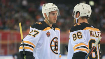 Boston Bruins' John Moore (L) looks at teammate Kevan Miller during their 2018 NHL China Games match against Calgary Flames in Shenzhen in China's southern Guangdong province on September 15, 2018. (Photo by STR / AFP) / China OUT (Photo credit should read STR/AFP/Getty Images)