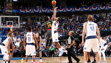 DALLAS, TX - OCTOBER 18: The Atlanta Hawks and the Dallas Mavericks tipoff for the 2017-18 regular season game on October 18, 2017 at the American Airlines Center in Dallas, Texas. NOTE TO USER: User expressly acknowledges and agrees that, by downloading and or using this photograph, User is consenting to the terms and conditions of the Getty Images License Agreement. Mandatory Copyright Notice: Copyright 2017 NBAE (Photo by Glenn James/NBAE via Getty Images)