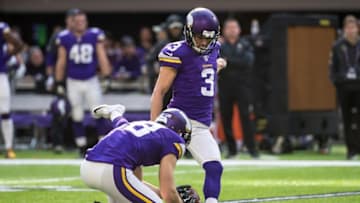 Nov 6, 2016; Minneapolis, MN, USA; Minnesota Vikings kicker Blair Walsh (3) kicks a field goal during the second quarter against the Detroit Lions at U.S. Bank Stadium. Mandatory Credit: Brace Hemmelgarn-USA TODAY Sports